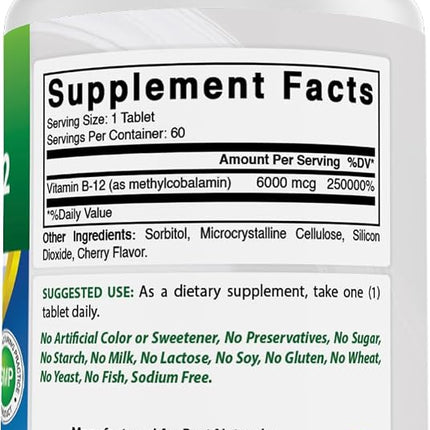 Best Naturals Vitamin B-12 as Methylcobalamin (Methyl B12), 6000 mcg 60 Sublingual Tablets (60 Count (Pack of 2))