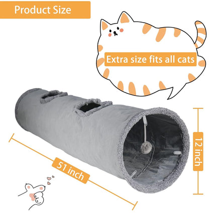 Terunat Cat Tunnel for Indoor Cats, 51×12 inch Foldable Big Cat Tunnel, Grey Suede Pet Tunnels with Two Peepholes and a Bubble Ball
