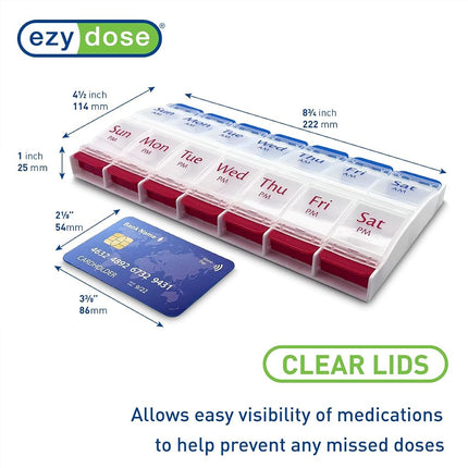 EZY DOSE Pilulier à Bouton-Poussoir (7 Jours), Organisateur de Médicaments et de Vitamines, Hebdomadaire, 2 Fois par Jour, Matin/Soir, Grands Compartiments, Facile à Utiliser en Cas d'Arthrite, Couvercles Transparents, Rouge/Bleu
