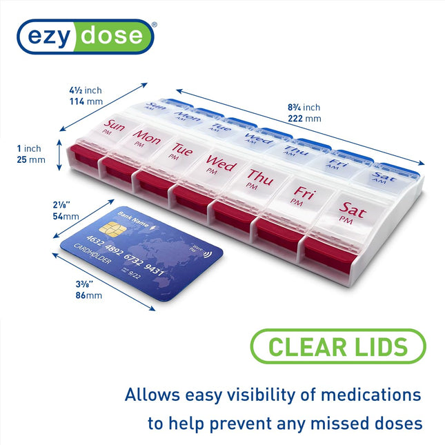 EZY DOSE Pilulier à Bouton-Poussoir (7 Jours), Organisateur de Médicaments et de Vitamines, Hebdomadaire, 2 Fois par Jour, Matin/Soir, Grands Compartiments, Facile à Utiliser en Cas d'Arthrite, Couvercles Transparents, Rouge/Bleu