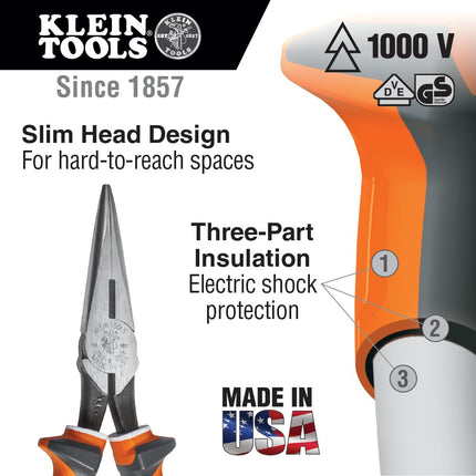 Linemans Pliers, Long Nose Side Cutters, 7-Inch Slim Insulated KLEIN TOOLS 2037EINS