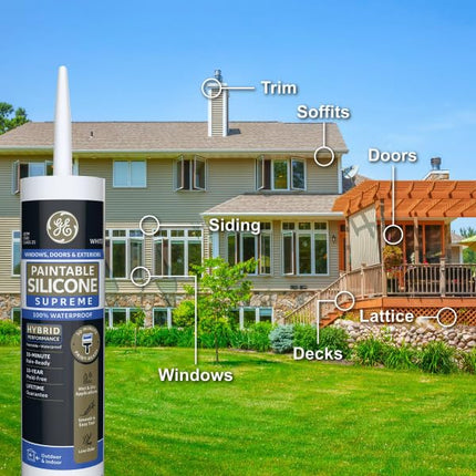 Sellador de silicona pintable GE Supreme para ventanas y puertas - Sellador de silicona 100% impermeable, 7 veces más fuerte, resistente a la congelación y al sol - 9.5 fl oz, blanco, paquete de 12
