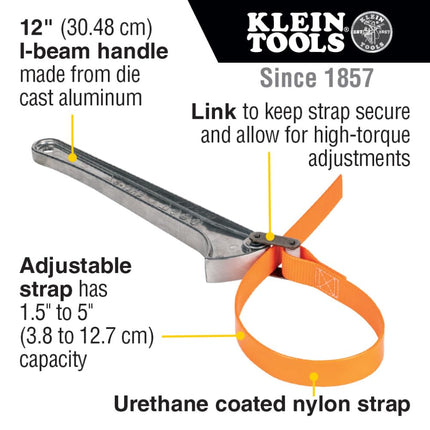 KLEIN TOOLS S12HB Strap Wrench, Adjustable Grip-It Strap Wrench Adjusts 1-1/2 to 5-Inch, 12-Inch Handle