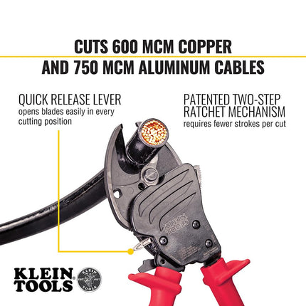Wire Cable Cutter with Open Front Loading Jaws Cuts 600 MCM Copper, 750 MCM Aluminum Klein Tools 63711