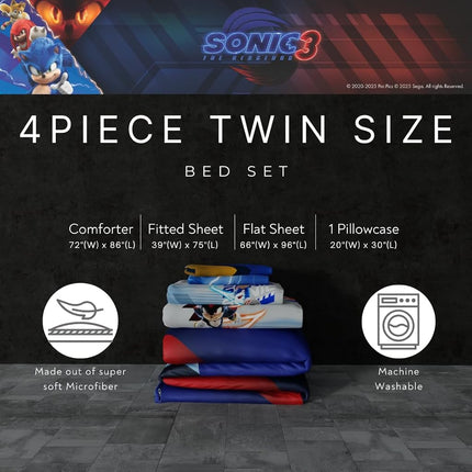 Franco Sonic The Hedgehog 3 Movie Kids Bedding Super Soft Comforter and Sheet Set, 4 Piece Twin Size, (Officially Licensed Product)