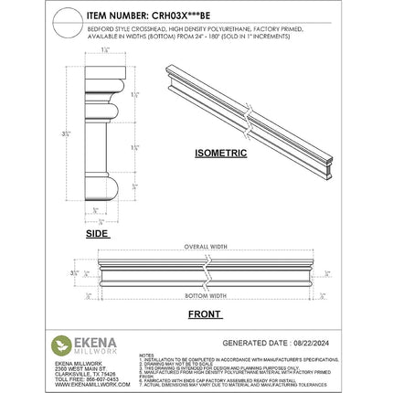 Ekena Millwork CRH03X37BE 37" Bottom Width x 38 1/8" Top Width x 3 1/2"H x 7/8"P Bedford Crosshead