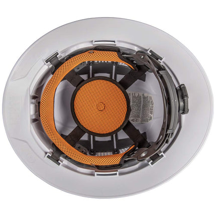 Casco Klein Tools 60407 con Luz, Estilo Ala Completa Ventilada, Acolchado, Banda para el Sudor Autoabsorbente y Resistente a Olores, Blanco