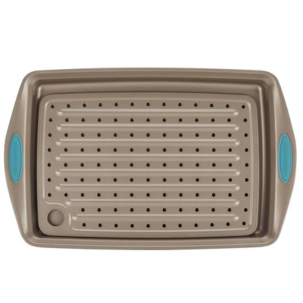 Rachael Ray Cucina Nonstick Bakeware Set with Grips, Nonstick Cookie Sheet/Baking Sheet and Crisper Pan - 2 Piece, Latte Brown with Agave Blue Handle Grips