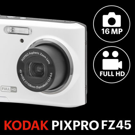 KODAK Pixpro FZ45 – 16.44 Megapixel Compact Digital Camera, 4x Optical Zoom, 2.7-inch LCD Screen, 720p HD Video Recording, AA Battery Included – White