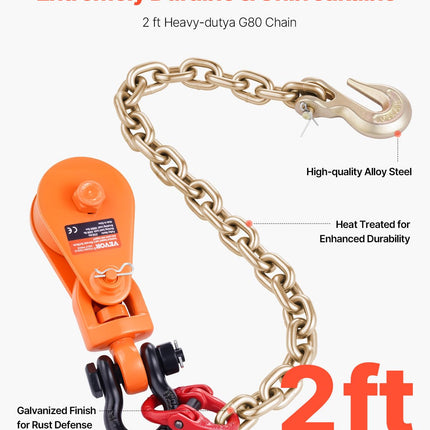 VEVOR 2 Ton Snatch Block with G80 Chain, Swivel Shackle, 3" Sheave for 3/8" Wire Rope, Snatch Block Pulley for Towing and Recovery Applications on Flatbed Tow Truck Rollback Wrecker Car Carrier Cable