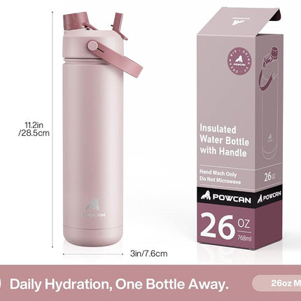 POWCAN 768 ml Insulated Water Bottle with 2-in-1 Straw and Spout Lid, Keep Cold 24H, Leak-Proof, Fits in Car Cup Holder, Stainless Steel Water Bottle for Sports, Travel, Gym, and School (Dried Rose)