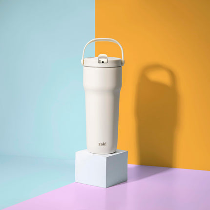 Zak Designs Sutton Travel Tumbler for On The Go, 30oz Stainless Steel with Vacuum Insulation, Straw Spout, Carry Handle for Cold Drinks (Cream White)
