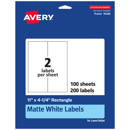 Avery Matte White Rectangle Labels, 11" x 4.25", 2