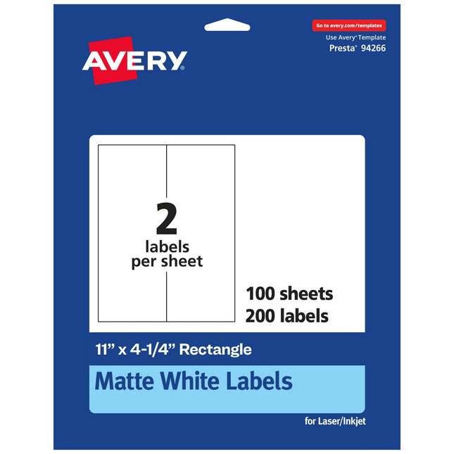 Avery Matte White Rectangle Labels, 11" x 4.25", 2