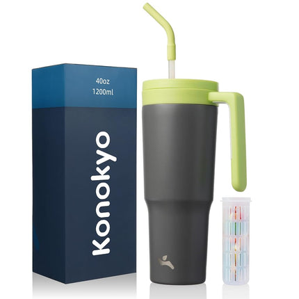 Konokyo Insulated Tumbler with Handle and Straw,40 OZ Vacuum Stainless Steel Water Bottle Travel Mug Metal Cup with Fruit Diffuser,Grey