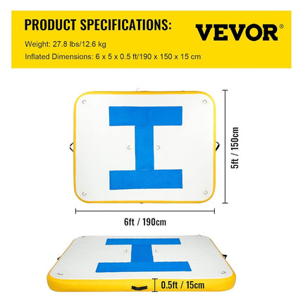 VEVOR Inflatable Floating Dock 6 x 5 ft, 6 Inch Thick, 3-5 People, Electric Air Pump, Pool Beach Ocean