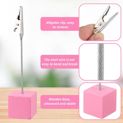 Gersoniel 20 clips para notas con base de cubo y pinza de cocodrilo, soporte de madera para números de mesa, tarjetero con base de cubo, mini soporte para fotos y menús para exhibir tarjetas de números (rosa)