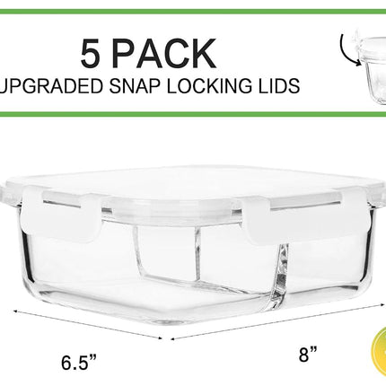 M MCIRCO [5-Pack,36 oz] Glass Meal Prep Containers 3 Compartment with Lids, Glass Lunch Containers,Food Prep Lunch Box,Bento Box, Microwave, Oven, Freezer, Dishwasher (4.5 Cups, White)