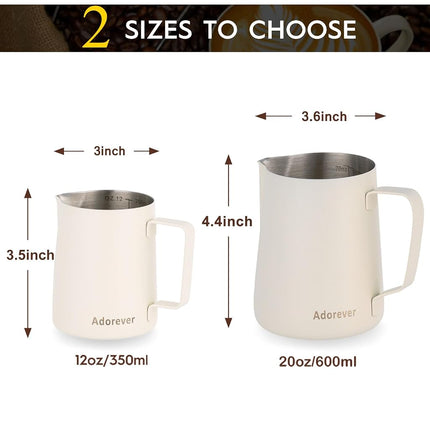 Milk Frothing Pitcher, 350ml/12oz Steaming Pitchers Stainless Steel Milk Coffee Cappuccino Latte Art Barista Steam Pitchers Milk Jug Cup with Decorating Art Pen, Matte White