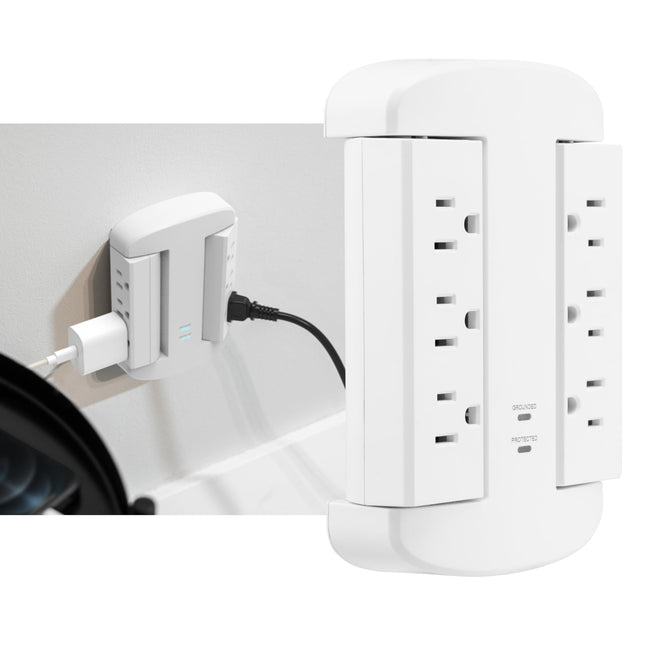 GE Multiprise murale 6 prises avec parasurtenseur, accès latéral pivotant, adaptateur mural, 3 broches, 980 joules, certifié ETL, blanche, 81781