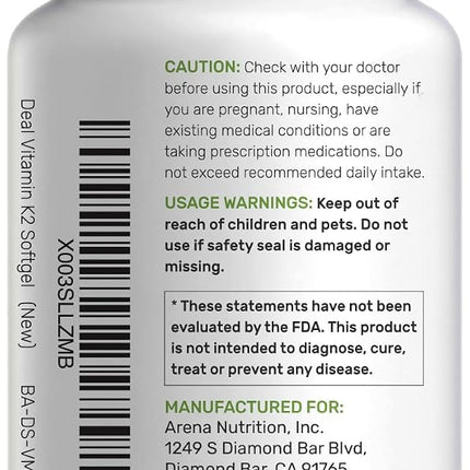 Vitamin K2 MK-7 and MK-4, 150 mcg Per Capsule, 6 Months Supply, Supports Bone Health | Cardiovascular Health - Vitamin K2 Supplement (180 Capsules)