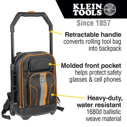 55604 Rolling Tool Backpack Tool Bag with 28 Pockets Heavy Duty Retractable Handle Large Tool Storage Interior 3-Inch Wheels