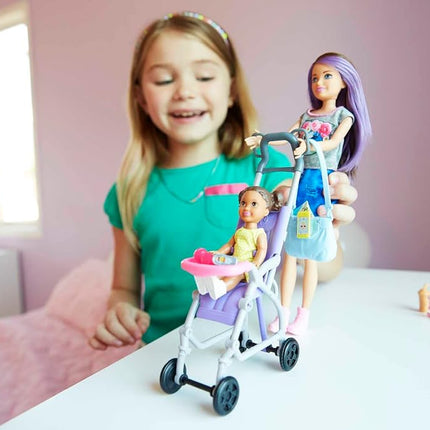 Barbie Skipper Babysitters Doll Playset, Brunette Skipper Doll with Brown Baby Doll, Baby Stroller and Doll Accessories, Toys for Ages 3 and Up, Two Dolls, FJB00