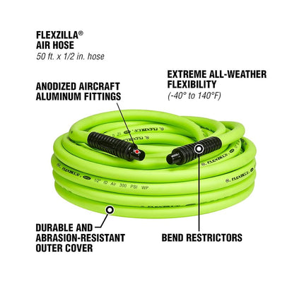 Flexzilla HFZ1250YW3 Air Hose, 1/2" (inches) x 50' (feet) with 3/8" Ends