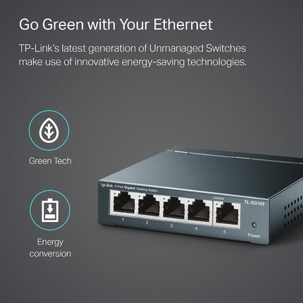 TP-Link TL-SG105S 5 Port Gigabit Ethernet Network Switch, Ethernet Splitter 1 to 4, Network 4 Way Ethernet Hub, Desktop & Wall-Mounting, Sturdy Metal Case, Fanless, Plug & Play, Energy-Saving