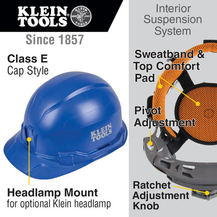 Klein Tools 60248 Hard Hat, Non-Vented Cap Style, Padded, Self-Wicking Odor-Resistant Sweatband, Tested up to 20kV, Blue