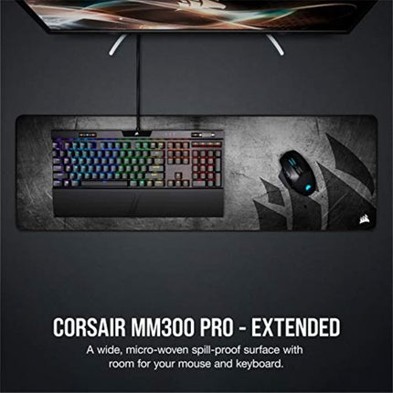 Corsair MM300 PRO Premium Spill-Proof, Stain-Resistant Cloth Gaming Mouse Pad (93 x 30 cm Surface, Micro-Weave Fabric, 3 mm Thick Plush Rubber, Durable Anti-Fray Edges) Extended, Black/Grey