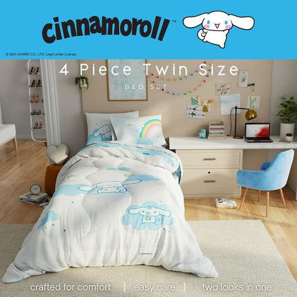 Cinnamoroll Bedding - 4 Piece Twin Size Bed Set - Super Soft Microfiber Comforter and Sheet Set, (Officially Licensed Product) by Franco Collectibles