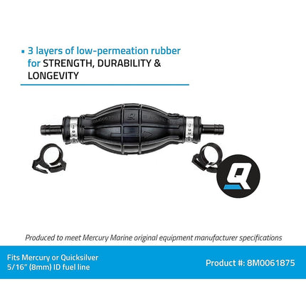 Quicksilver 8M0061875 Primer Bulb with 2 Hose Clamps for 5/16'' (8 mm) Fuel Lines
