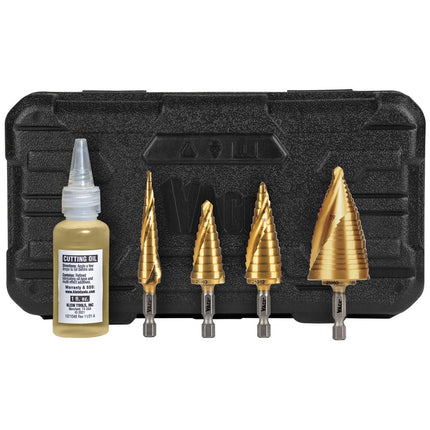 Klein Tools 25950 Step Drill Bit Set, Spiral Double Fluted, Titanium Nitride Coating, 1/4-Inch Impact Shank, Rugged Case, 4-Piece