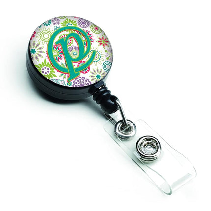 Caroline's Treasures Lettre P Fleurs Rose Vert Canard Support de Badge Rétractable, Multicolore (CJ2011-PBR)