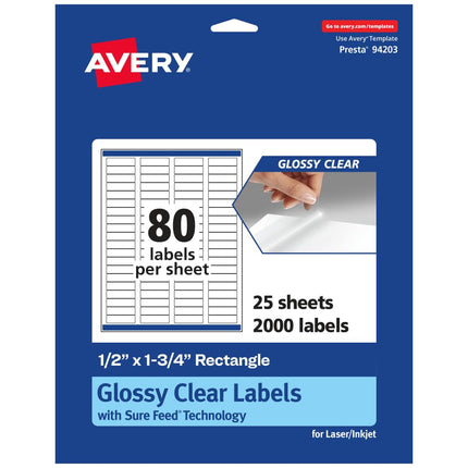 Avery Glossy Clear Rectangle Labels with Sure Feed, 5" x 1.75", 2,000 Glossy Clear Labels, Laser/Inkjet Printable Labels
