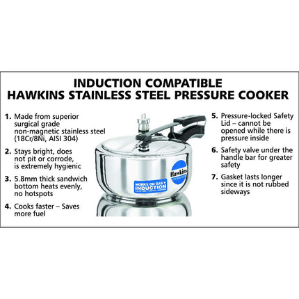 Hawkins Stainless Steel Induction Compatible Wide Pressure Cooker, 3 Litre Capacity, Silver