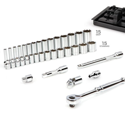 TEKTON 3/8 Inch Drive 6-Point Socket and Ratchet Set with Rails and Tray, 36-Piece (1/4-1 in.) | SKT13101