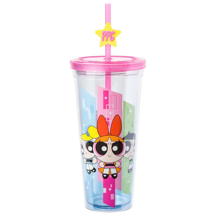 Silver Buffalo Power Puff Girls Trio 24oz Plastic Cold Cup w/Lid and Topper Straw