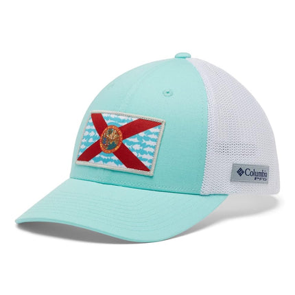 Columbia Unisex PFG Mesh Fish Flag Ball Cap, Gulf Stream/White/FL Fish Flag, Small/Medium