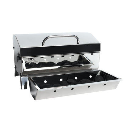 Kuuma "Kuuma Premium Stainless Steel Mountable Charcoal Grill w/Inner Lid Liner by Camco -Compact Portable Size Perfect for Boats, Tailgating and More - Stow N Go 160"" (58110)", silver