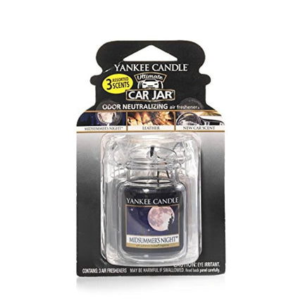 Yankee Candle Car Air Fresheners, Hanging Car Jar® Ultimate 3-Pack, Neutralizes Odors Up To 30 Days, Includes: 1 Leather, 1 Midsummer's Night, and 1 New Car Scent