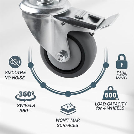 POWERTEC 17201V Roulette pivotante à tige filetée robuste de 3 pouces, capacité de charge totale de 272 kg, avec double frein, pour établis, chariots, diables et meubles, lot de 4, argent