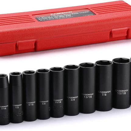 CASOMAN 11 Pieces 1/2-Inch Drive Deep Impact Socket Set, SAE, 6-Point, 3/8-Inch to 1-Inch
