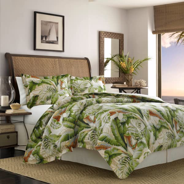 Tommy Bahama - Juego de funda nórdica King, ropa de cama de satén de algodón con fundas de almohada a juego y cierre de botones, decoración del hogar para todas las estaciones (verde Palmiers, King)