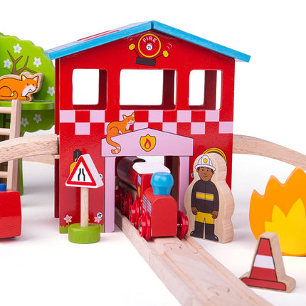 Bigjigs Rail Wooden Fire Station Train Set - 39 Play Pieces