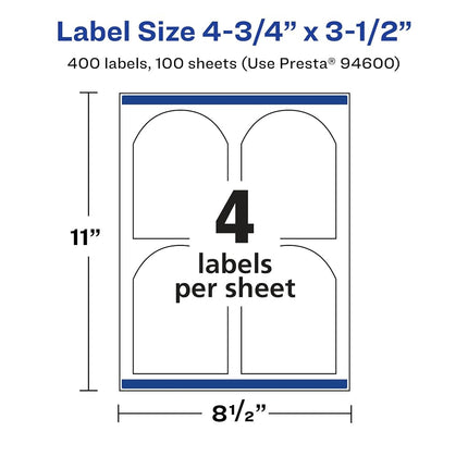 Avery Matte White Removable Arched Labels with Sure Feed Technology, Print-to-The-Edge, 4.75" x 3.5", 400 Removable Labels, Laser/Inkjet Printable Labels