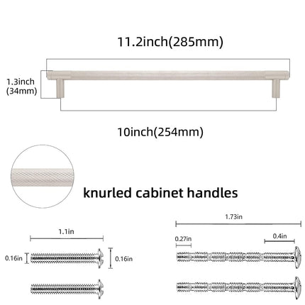 POVEFONK 10 Pack 10 inch(254mm) Brushed Satin Nickel Kitchen Cabinet Handles Knurled Cabinet Pulls Drawer Pulls Kitchen Hardware