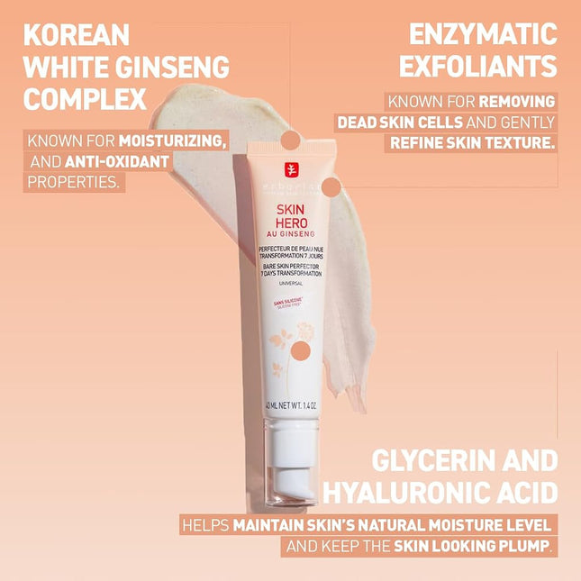 Erborian - Skin Hero with White Ginseng - Untinted Face Care Bare Skin Perfector in 7 Days with Hyaluronic Acid - Korean Cosmetic Care - 40 ml