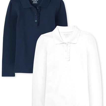 The Children's Place girls Long Sleeve Ruffle Pique Polo Shirt, Tidal/White 2 Pack, X-Small US